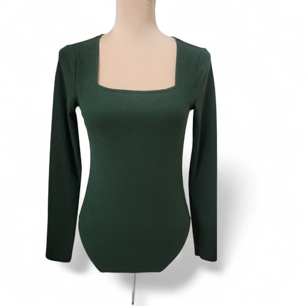 Old Navy Size S Dk Green Long Sleeve Rib Knit Bodysuit, Excellent Used Condition
